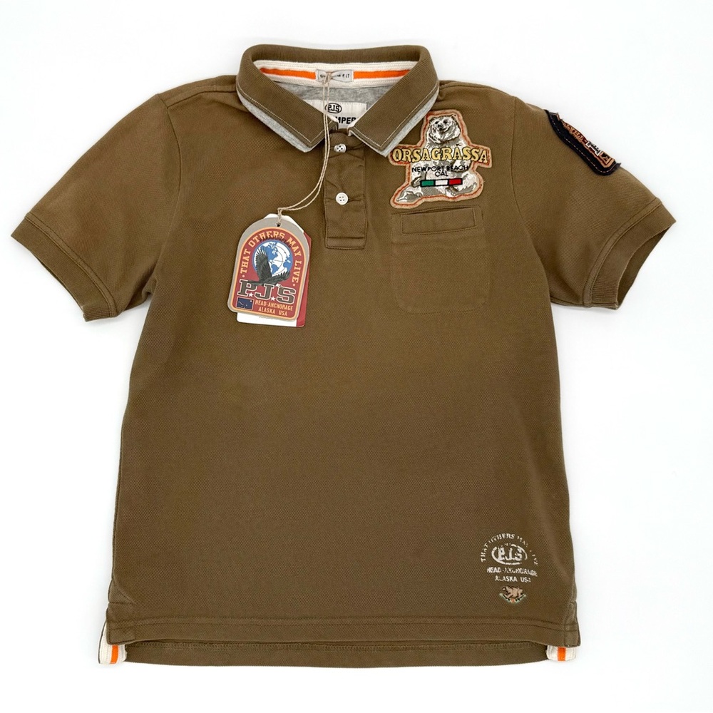 NWT Parajumpers Big Boys Patches Short Sleeve Cotton Polo Shirt In Army Green 10